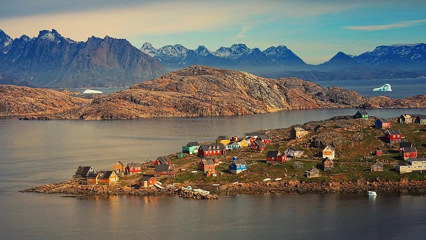 Groenland, dorp, eiland, water, berg-, kustlijn, landschap, reizen, klif, nautisch schip, zonsondergang