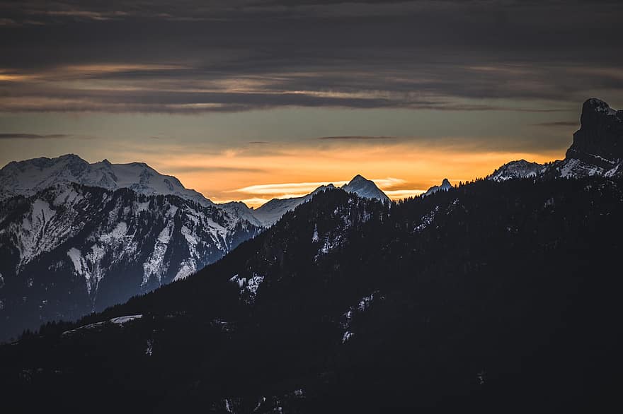 montagne, tramonto, natura, paesaggio, cielo, nuvole, inverno, Svizzera, viaggio, Alpi, Francia