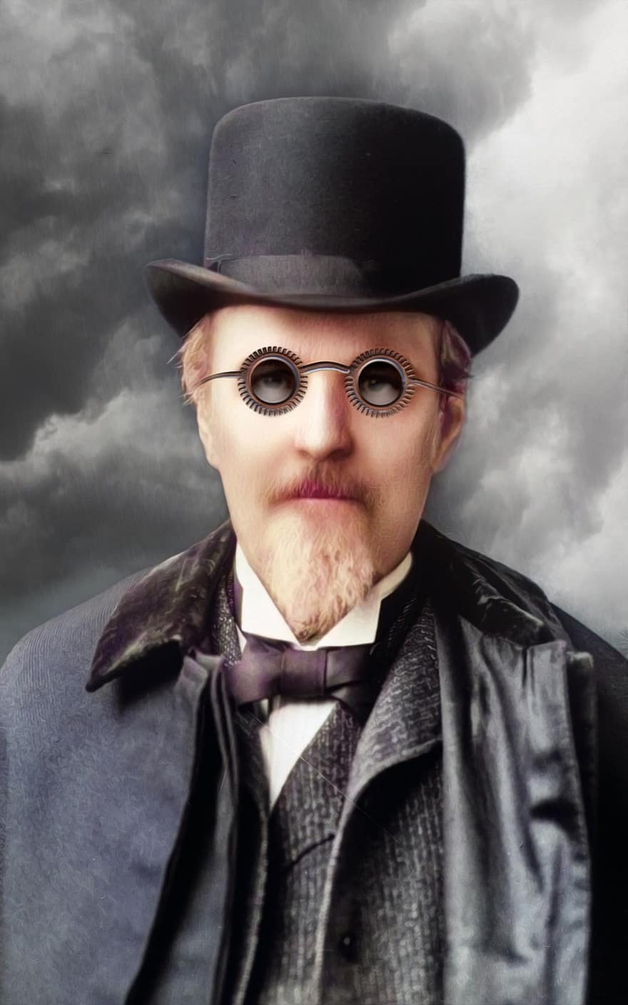 steampunk, heer, portret, man, bril, stofbril, versnellingen, Victoriaans, hoge hoed, hoed, jas