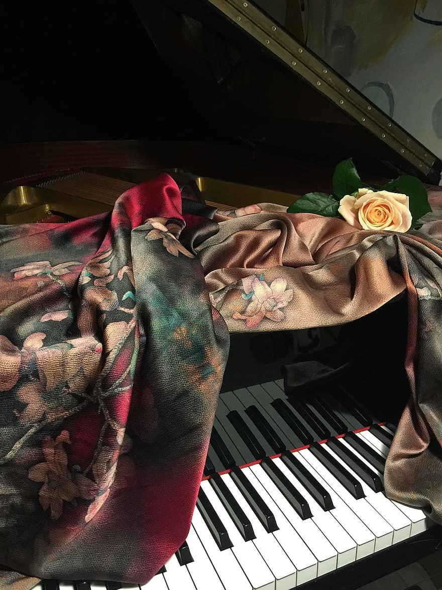 piano, zijde, kleding stof, roos, bloesems, sleutels, muziekinstrument, Chinese zijde, het naaien
