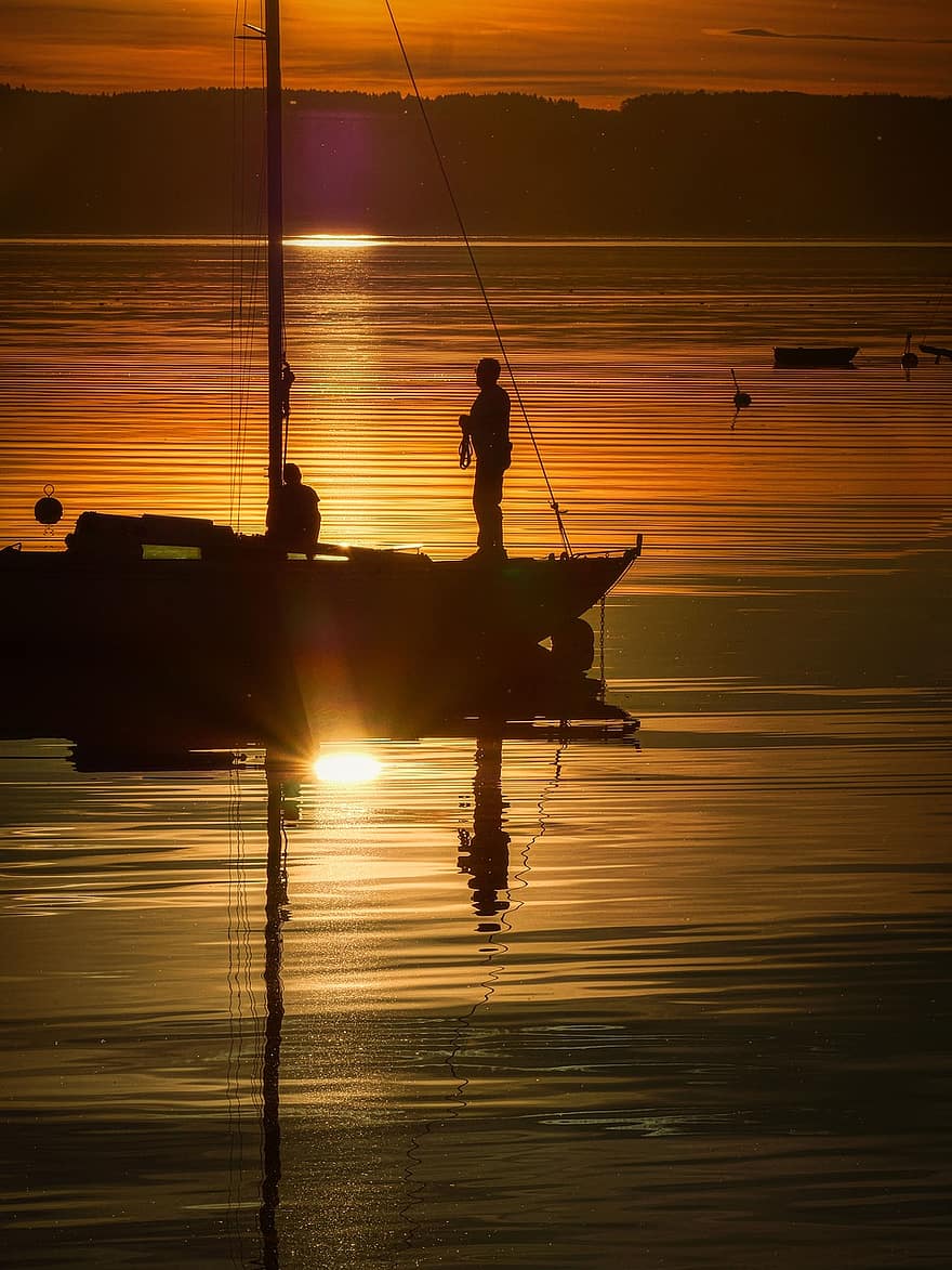 solnedgang, seilbåt, innsjø, båt, Mann, seiling, vann, refleksjon, skumring, silhouette