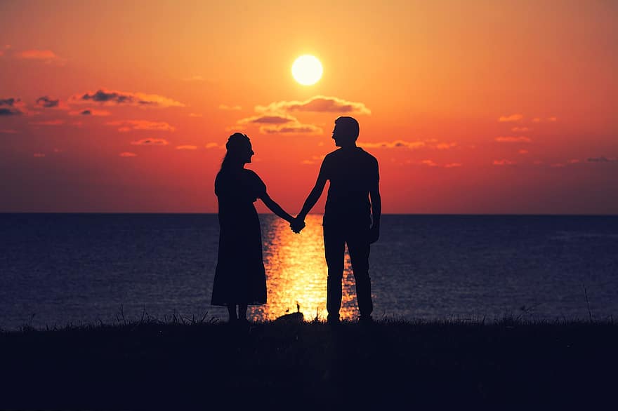 Sunset, Coupe, Beach, Holding Hands, Sunrise, Nature, Love, women, men, silhouette, togetherness