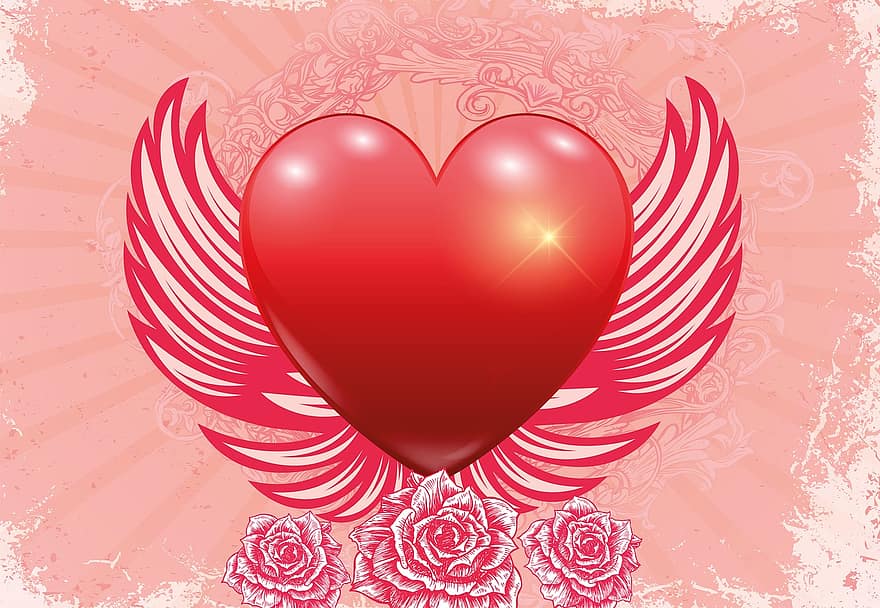 кохання, серце, крило, день святого Валентина, фон, романтика, удача, червоний, персиковий, карта, Вітальна листівка