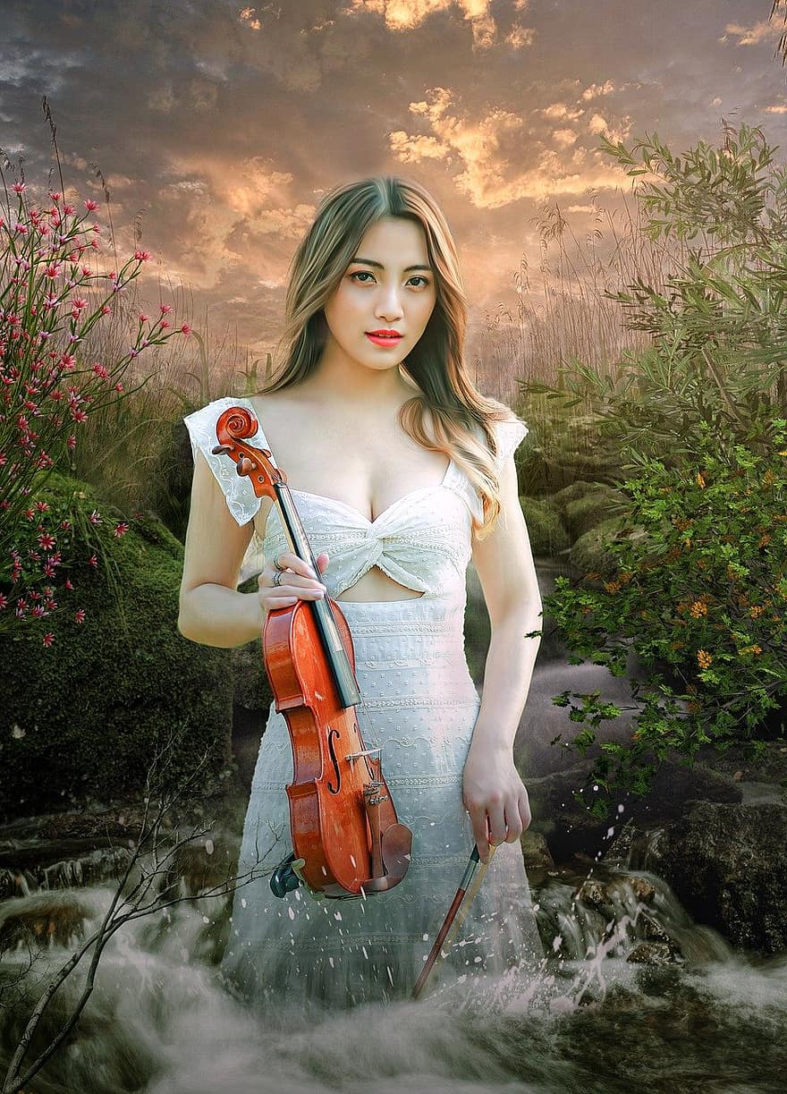 kvinna, modell, skönhet, utgöra, violinist, fiol, romantisk, vit klänning, vatten, växter, stenar