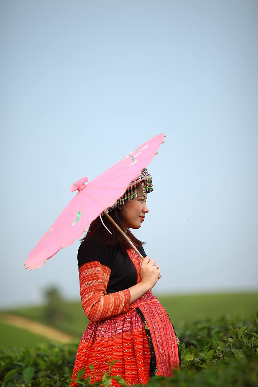 момиче, жена, женски пол, модел, на открито, чадър, рокля, ливада, поле