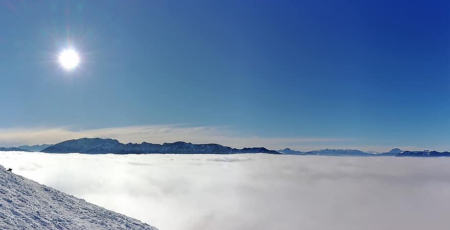 góry, szczyt, chmury, mgła, śnieg, słońce, panorama, zimowy, krajobraz, Natura, na dworze
