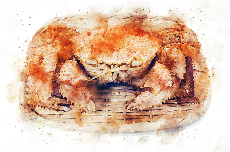 Crab, Seafood, Watercolor, Painting, Decoration, Artistic, Design, Green, Leaf, Brush, Post