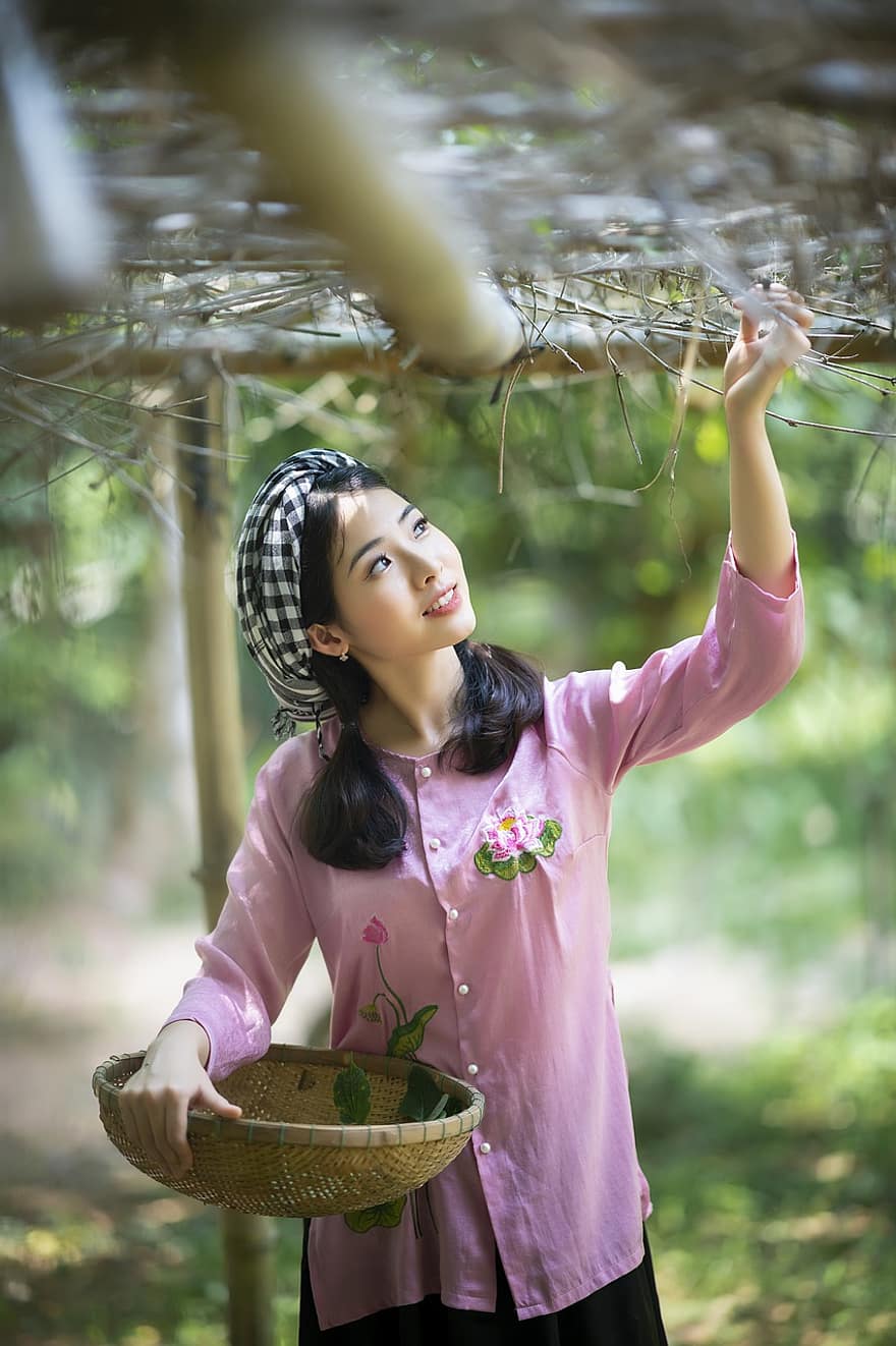 Frau, Schönheit, Vietnamesisch, Landschaft, traditionelles Kostüm, Lose Bluse, Mode, attraktiv, wunderschönen, ziemlich, weiblich