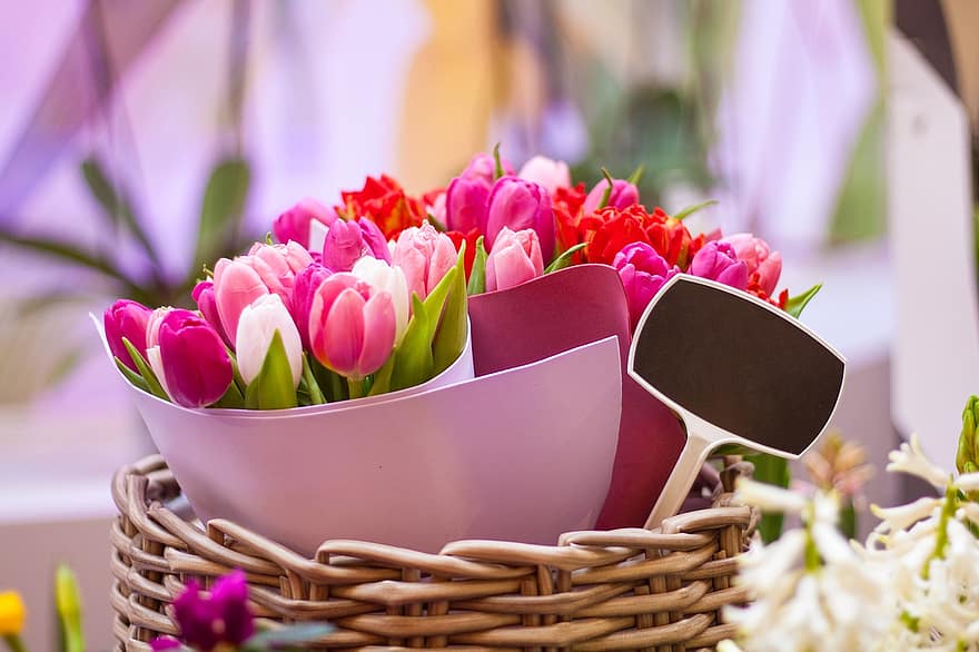 tulipas, ramalhete, cesta, flores, Ramo de flores, flores coloridas, flor, Flor, Primavera, decorativo, natureza