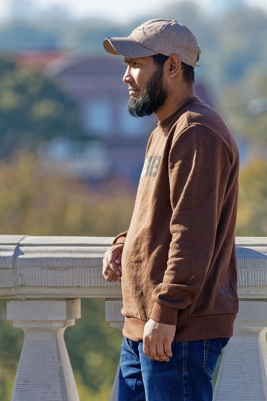Man, Bearded, Head, Bridge Railing, City, Foreign, Leaning, men, one person, adult, males