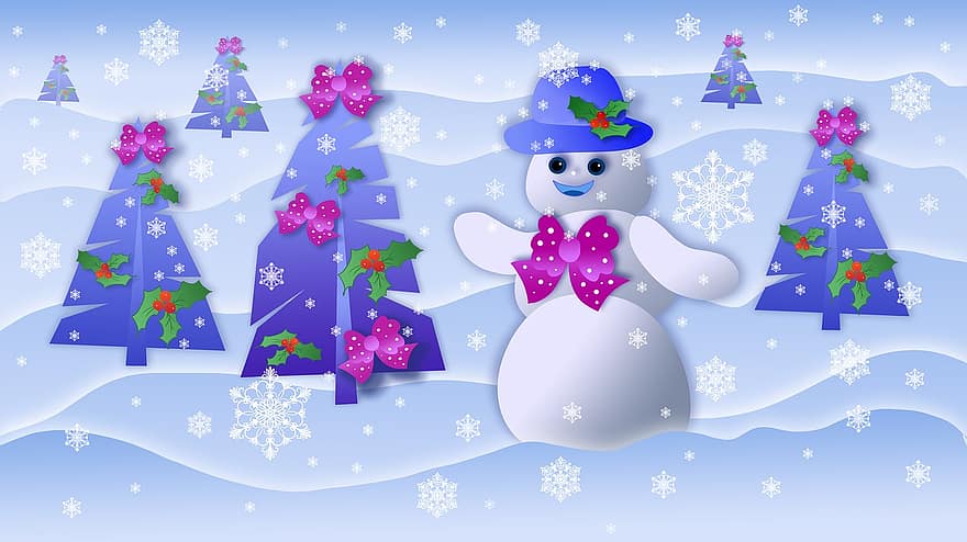 сніговик, зима, Переддень Нового року, сніжинки, ялинка, банти, Різдво, свято, сніжинка, дизайн, сезон