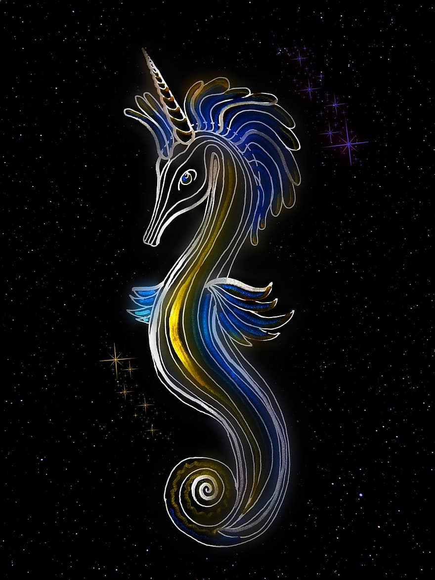 caballo de mar, unicornio, mágico, historia, Ilustración para el cuento, fantasía, linda, cuerno