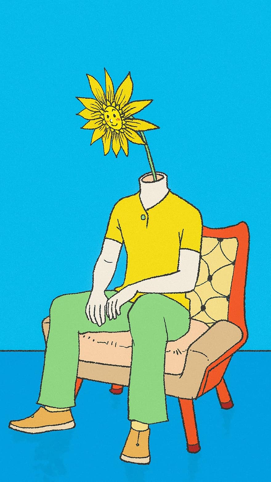 glezna, radošumu, galvu, saulespuķes, krēsls, gaida, zilā krāsā, zila krāsa, Zilā saulespuķe
