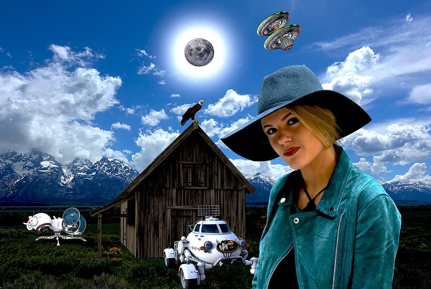 futuristische, Science fiction, Toekomstige Aarde, melkweg, fantasie, nabije toekomst, Wyoming, grote tetons, technologie, hemel, maan