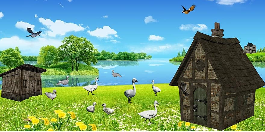 patos, paisaje, lago, naturaleza, Dom, recuperación, flor, verde, agua, casas de campo, hermoso