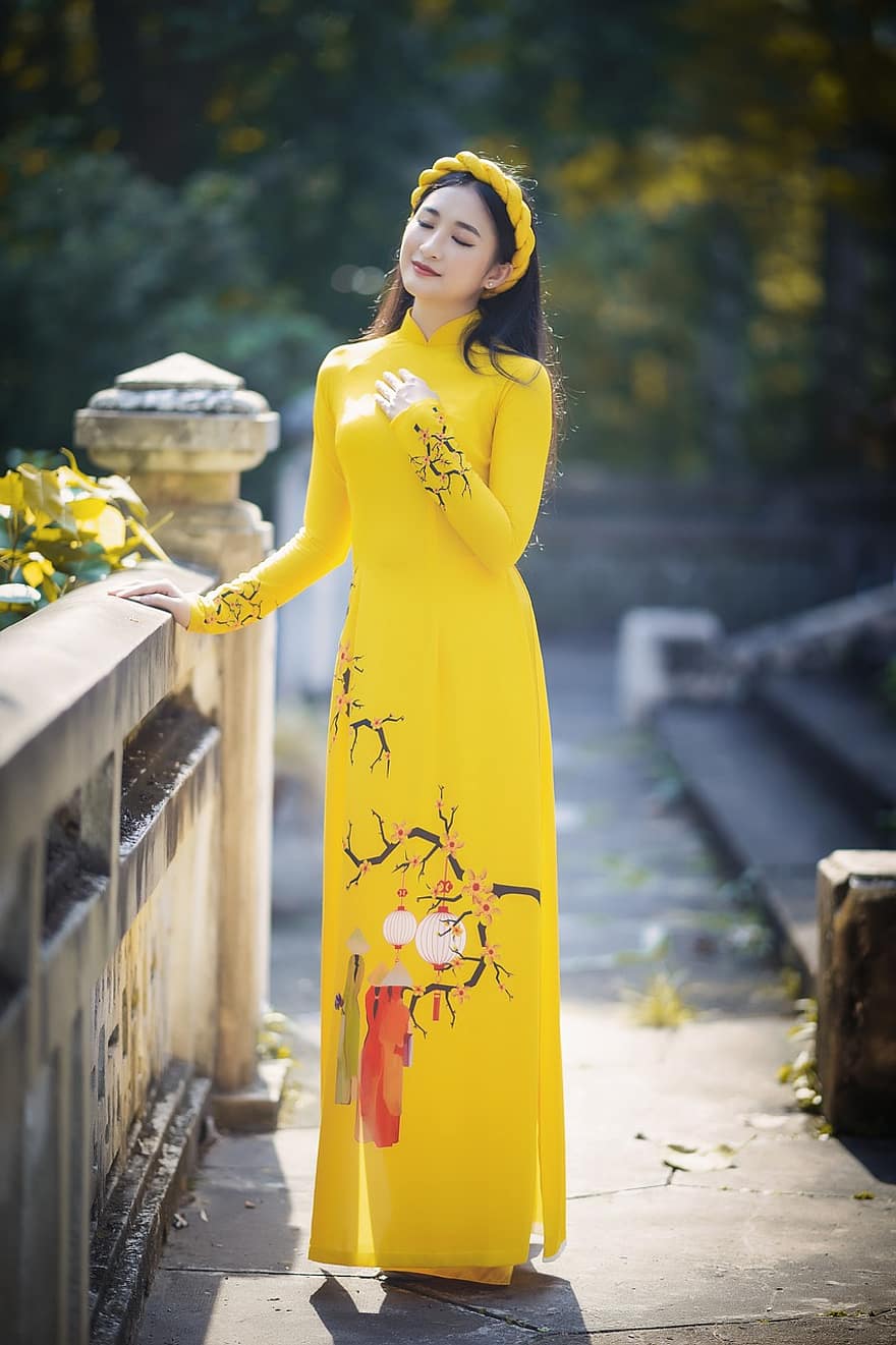 ао дай, мода, женщина, вьетнамский, Желтый Ао Дай, Вьетнамское национальное платье, традиционный, красота, прекрасный, хорошенький, милый