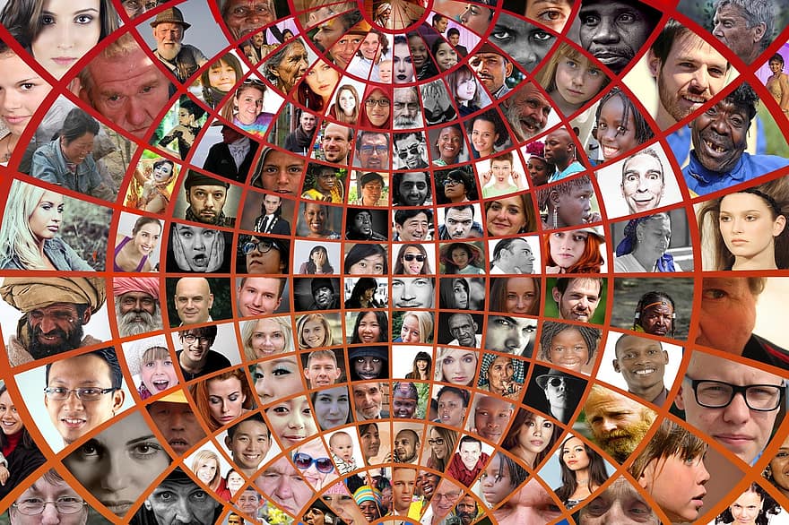 fotomontage, ansigter, fotoalbum, verden, befolkning, medier, system, web, nyheder, personlig, netværk