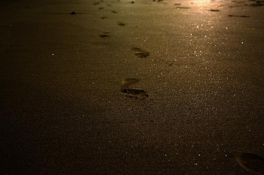 dấu chân, cát, bình Minh, Ánh sáng rực rỡ, long lanh, đi dạo, tầng lớp, cận cảnh, mùa hè, chân người, ướt