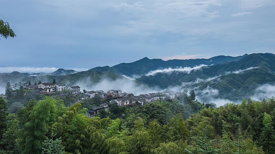 ciemats, vecās mājas, senais ciems, kalns, mežs, bambusa mežs, mākoņu jūra, raksturs, anhui, huangshan