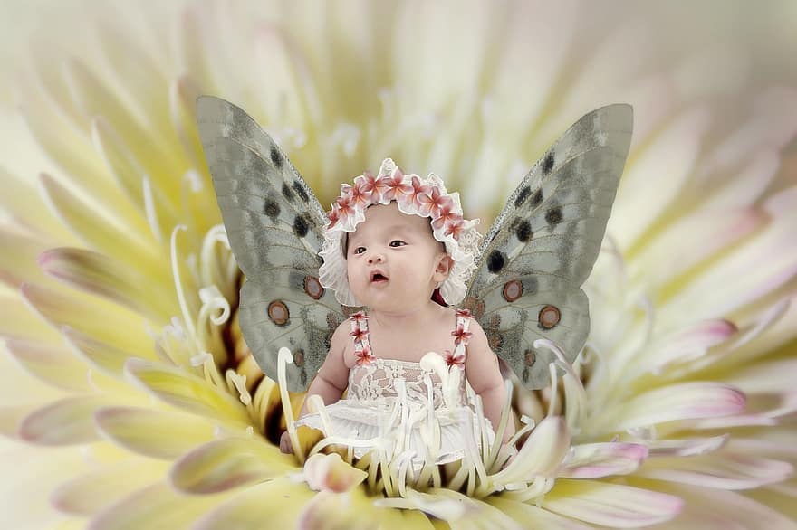 víla, dítě, fantazie, květ, motýl, roztomilý
