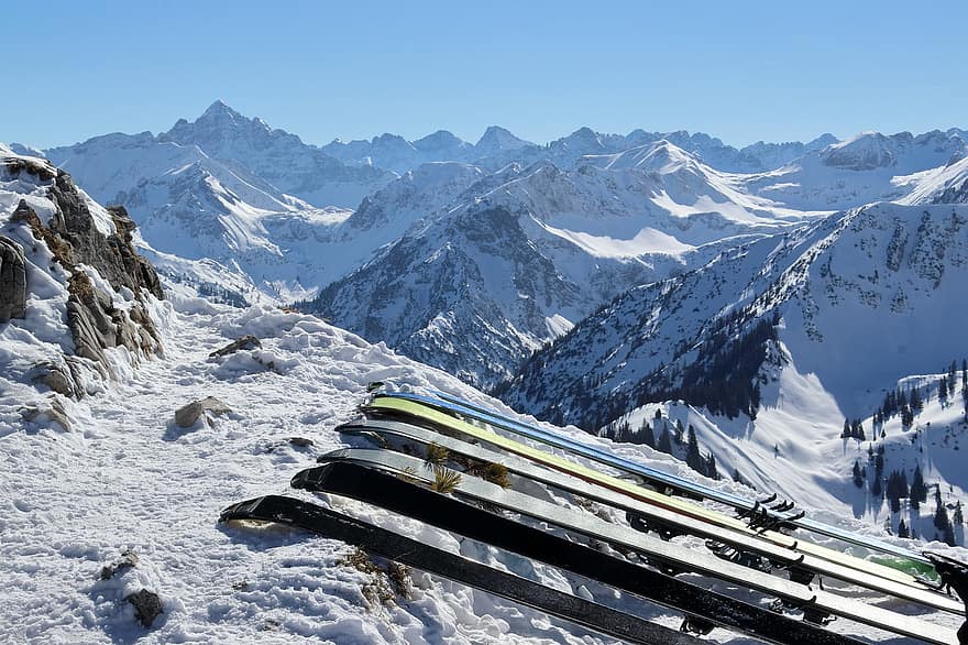 kalni, sniegs, slēpes, augstākā līmeņa sanāksmē, hochvogel, ponten, slēpošana, ziemā, allgäu, alpi, virsotne