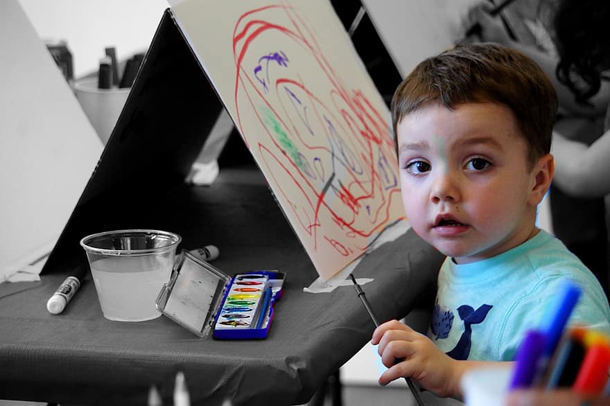 zēns, glezna, bērnudārzs, bērns, zīmējums, mazulis, toddler, krāsas, skolā, klasē