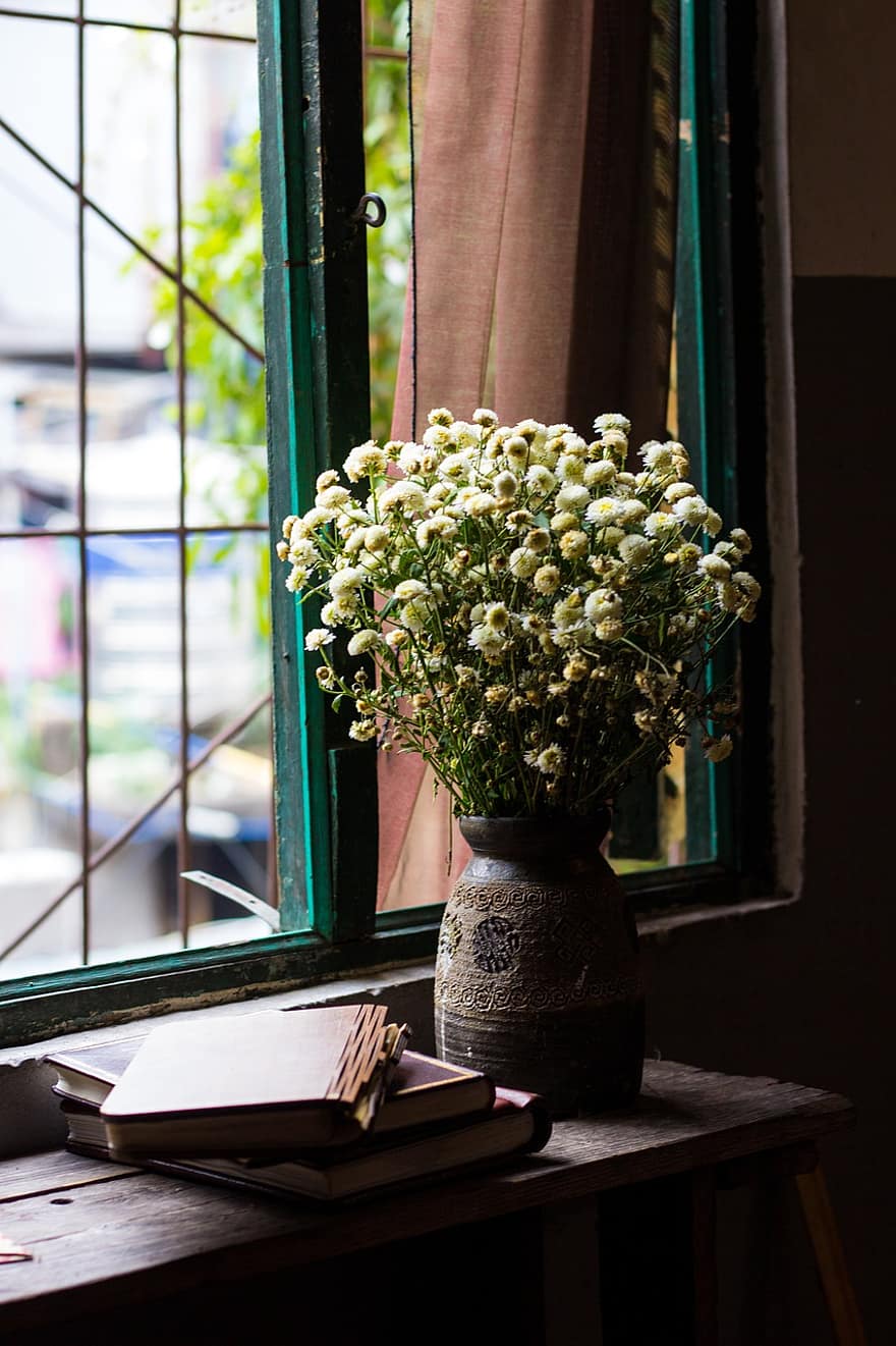 bunga-bunga, buku, jendela, meja, vas bunga, vas, dekoratif, dekorasi, dalam ruangan, rumah