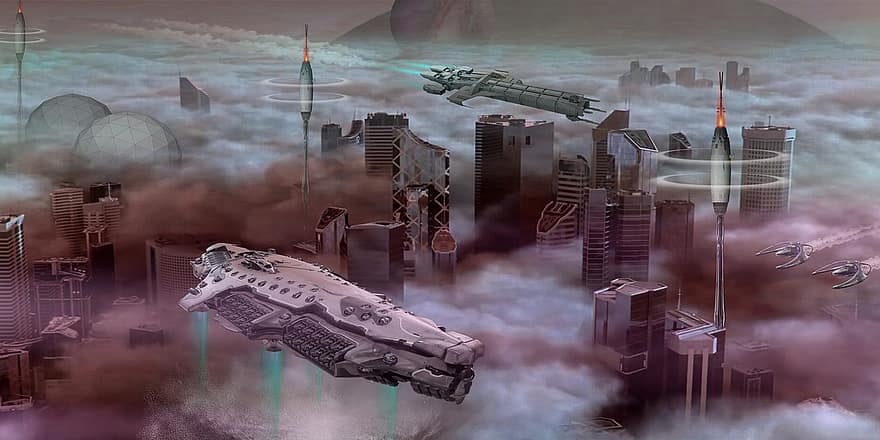 futuristisk, by, skyer, by-, fremtid, sci-fi, skyskraber, bygninger, rumskibe, teknologi, cyberpunk