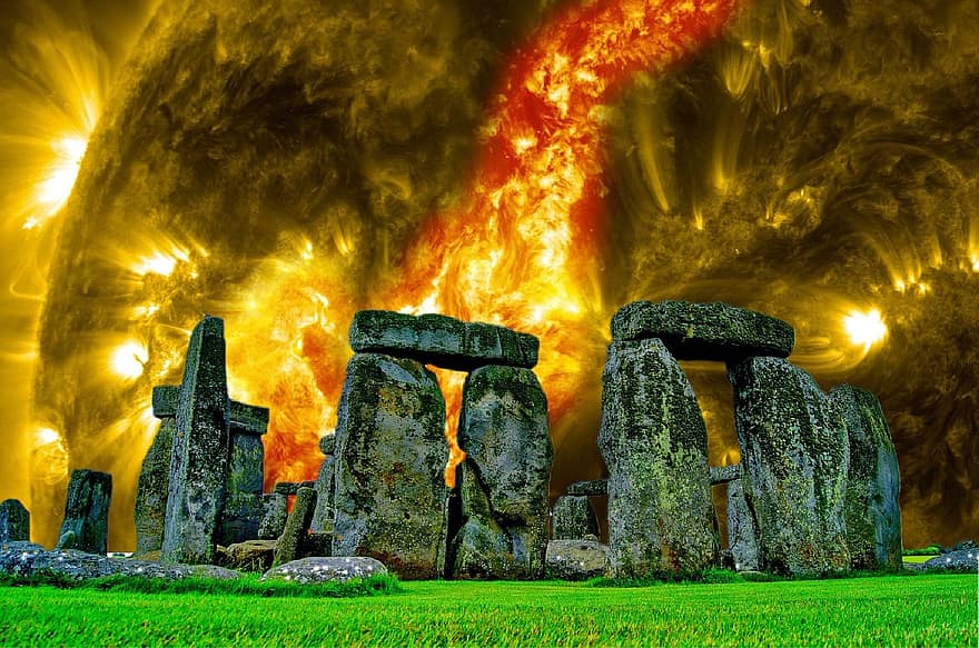 stonehenge, tưởng tượng, bầu trời, sỏi, đổ nát, mặt trời, tâm trạng, tối, trái cam, đá, cây cột