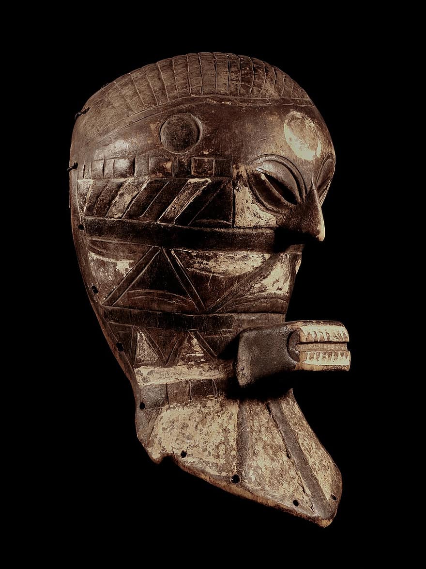 Maske, Afrika, Antiquität, unheimlich, Holz, Kunst, Sammlung, alt, einzelnes Objekt, Nahansicht, Metall