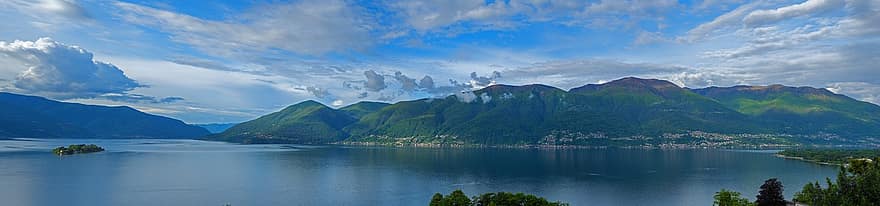 jezioro, wzgórze, Gambarogno, brissago, perspektywy, chmury, Natura, Góra, woda, niebieski, krajobraz