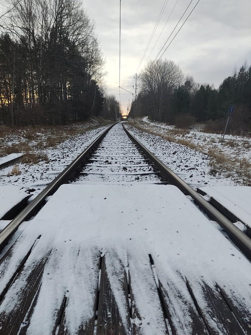 jernbane, sne, vinter, kold, frost, jernbanespor, transportmidler, forsvindingspunkt, Trafik, bil, rejse