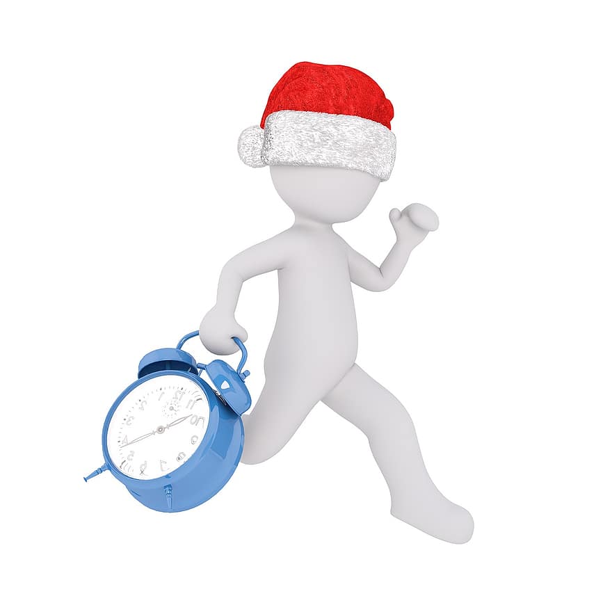 hombre blanco, aislado, modelo 3d, Navidad, sombrero de Santa, cuerpo completo, blanco, 3d, figura, reloj, campanas