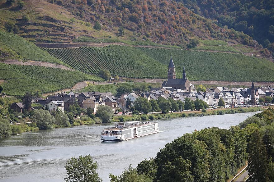 Mosel, Ship, River, Vineyards, Town, Buildings, Mountains, Nature, Countryside, Waterway, Canal
