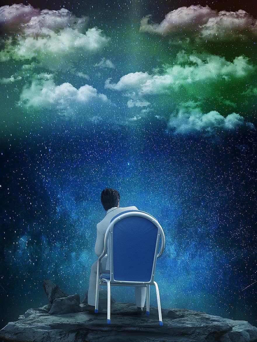 mies, istuva, tähti, tähtitaivas, Katso, istua, luonto, henkilö, kesä, pilviä, kaukokatseisuus