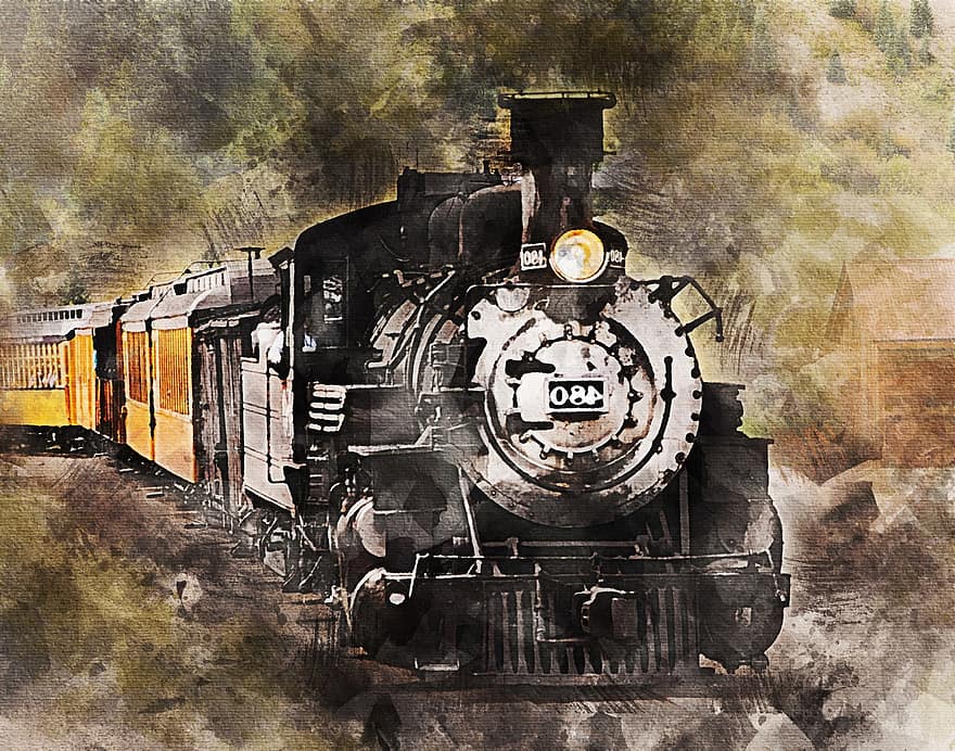 Lokomotive, Dampf, Zug, Eisenbahn, Transport, Malerei, Kunstwerk, Kreativität, Dampflokomotive, Bahngleis, alt