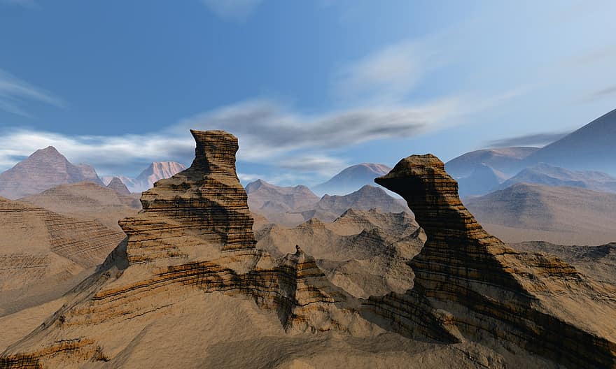 les montagnes, roches, ciel, paysage, aride, infographie, art numérique, Ordinateur bleu, ordinateur portable bleu