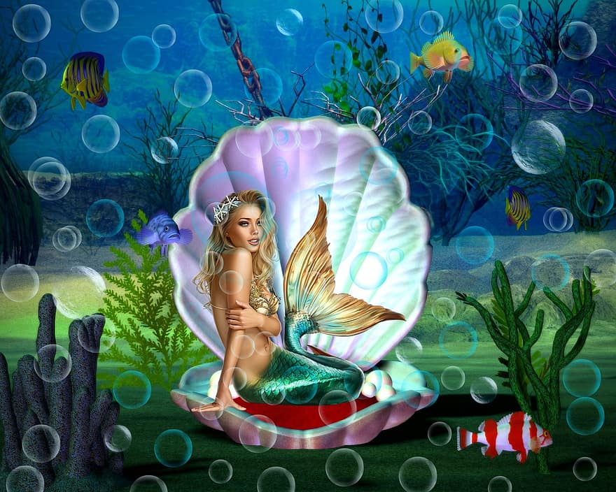 Meerjungfrau, Muschel, mythische Kreatur, Hintergrund, Meer, Bläschen, Illustration, unter wasser, Fisch, Frau, Karikatur