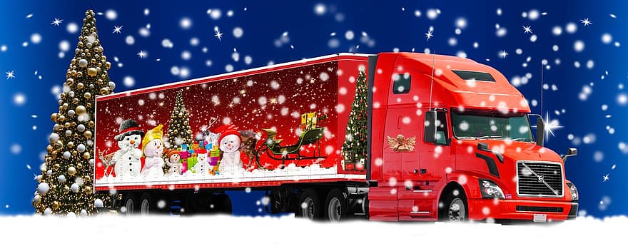 jul, vinter-, nicholas, jultomten, transport, slädar, gåvor, julgran, snö, lastbil, leverera