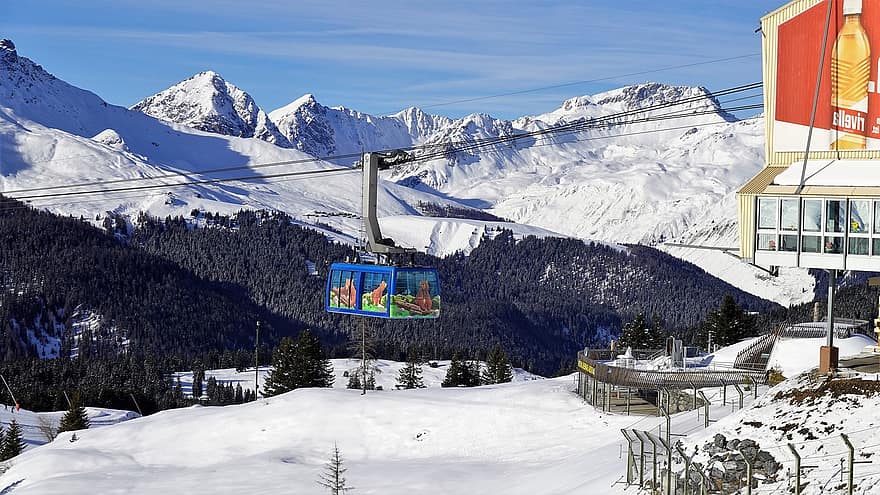 кабинков лифт, ски курорт, планини, сняг, върхове, Въздушен кабел, планинска верига, зима, snowcaps, гора, природа