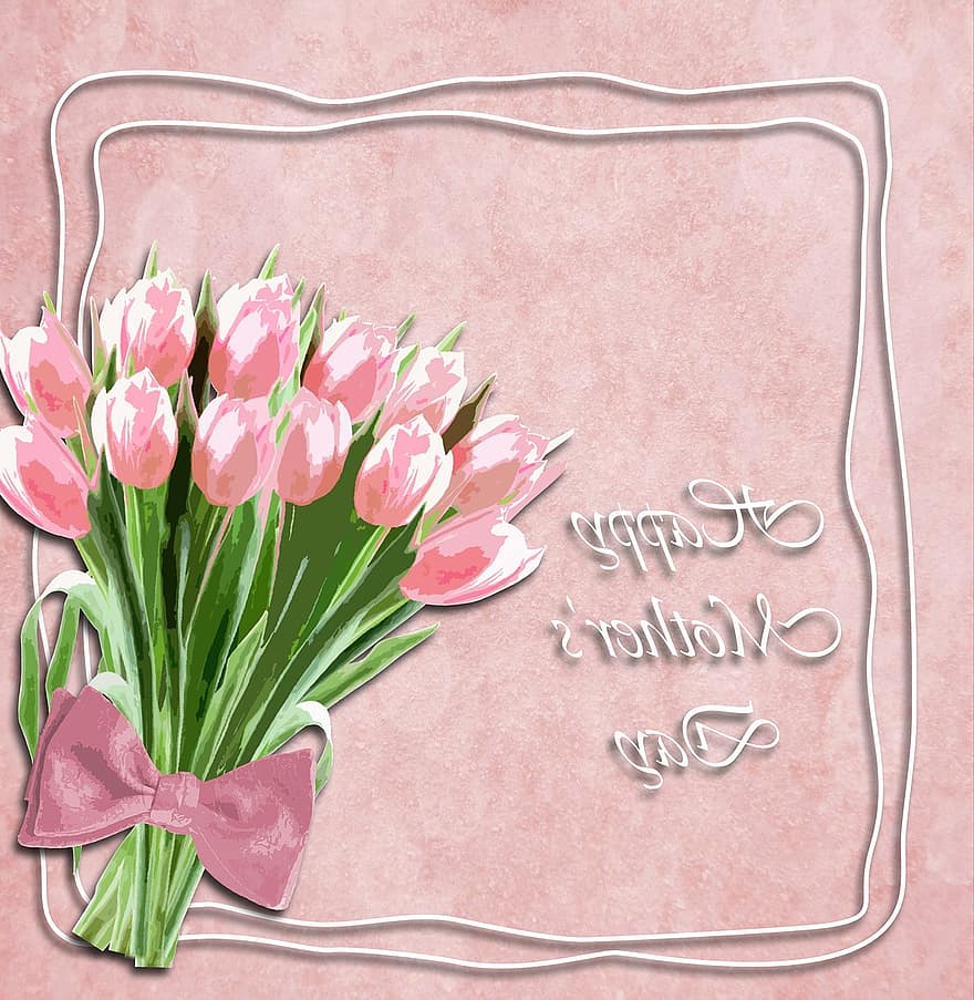 tulipaner, Mors Dag, mors dag kort, blomster, buket, flok, ramme, skabelon, kort, sløjfe, lyserød