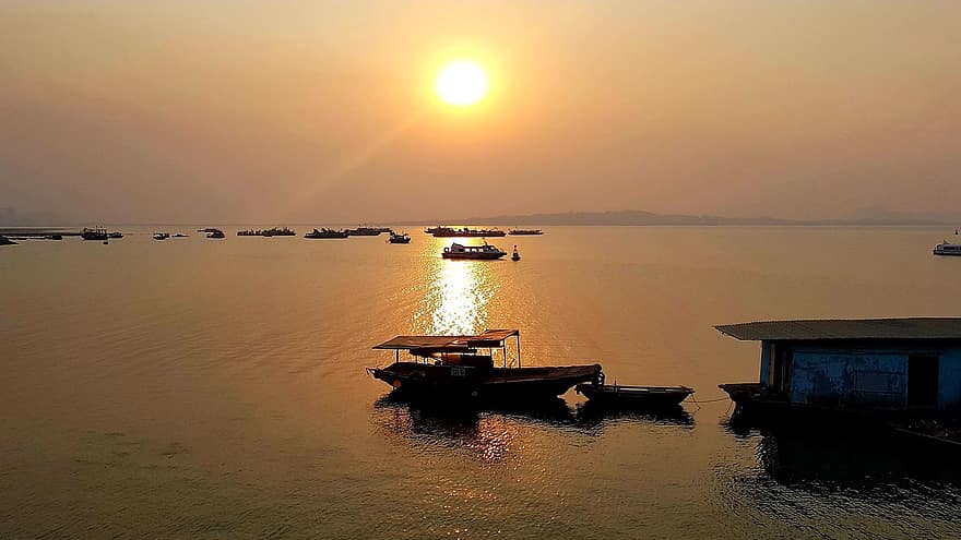 barcos, mar, por do sol, oceano Índico, Vietnã