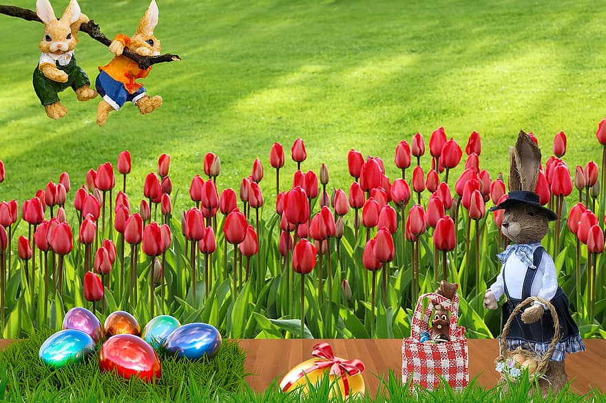 påske, vår, påskeharen, påskeegg, påske nest, tulipaner, gress, våren, grønn farge, multi farget, feiring