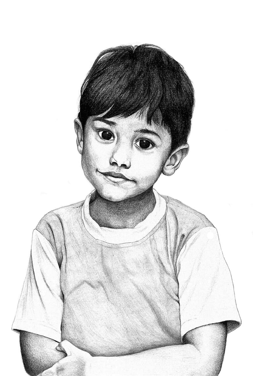 jongen, kind, schetsen, kleine jongen, portret, jongen portret, monochroom, potloodtekening
