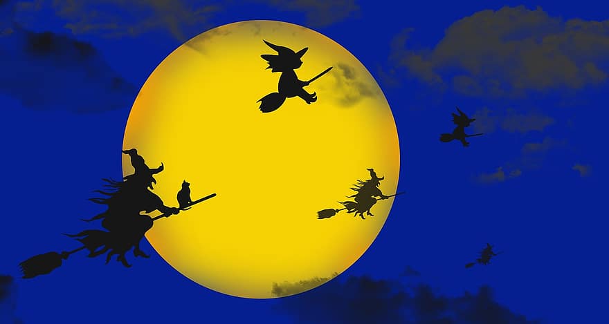 Halloween, notte, streghe, volante, Luna, buio, pauroso, nuvole, scopa, Luna Blu