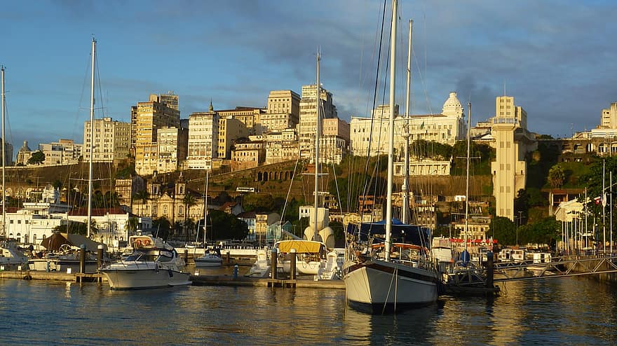 valtys, miestas, prieplauka, kelionė, turizmą, Salvadoras, Bahia, laivas, jachta, burlaivis, miesto vaizdą