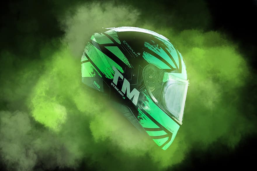 hjelm, beskyttelse, kunst, effekt, sport, motor, futuristisk, teknologi, grøn farve, illustration, tredimensionale