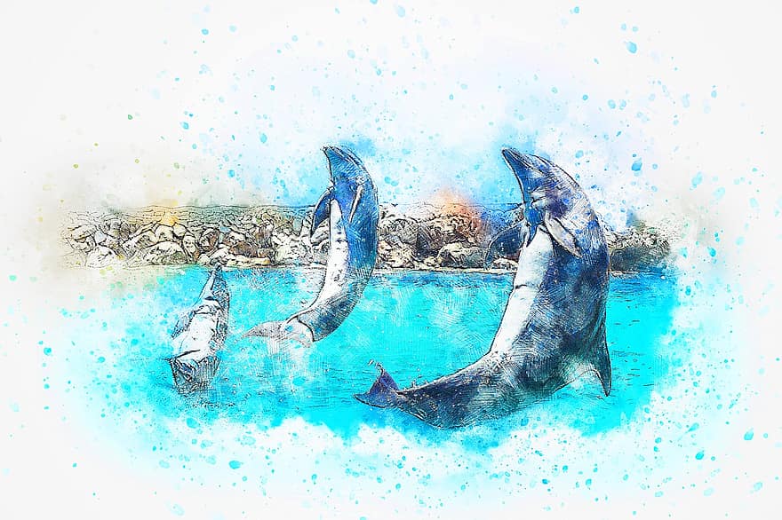 delfin, hoppe, spille, kunst, Atercolor, årgang, dyr, kunstnerisk, design, tapet, aquarelle