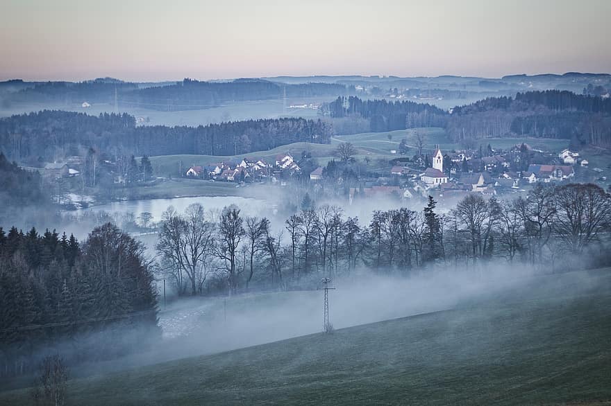 les collines, village, brouillard, Maisons, zone résidentielle, conifères, conifère, forêt de conifères, horizon, brumeux, du froid