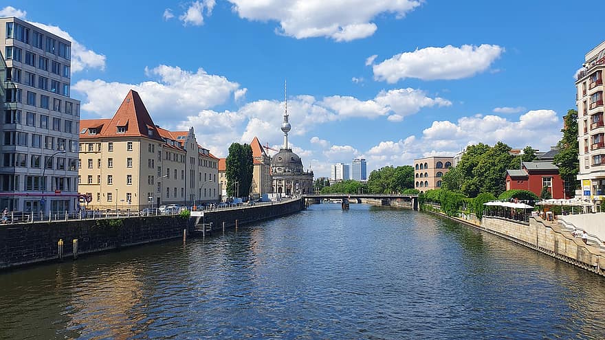 berlin, pilsēta, upe, Vācija, ēkām, tv tornis, tilts, ūdens, centrs
